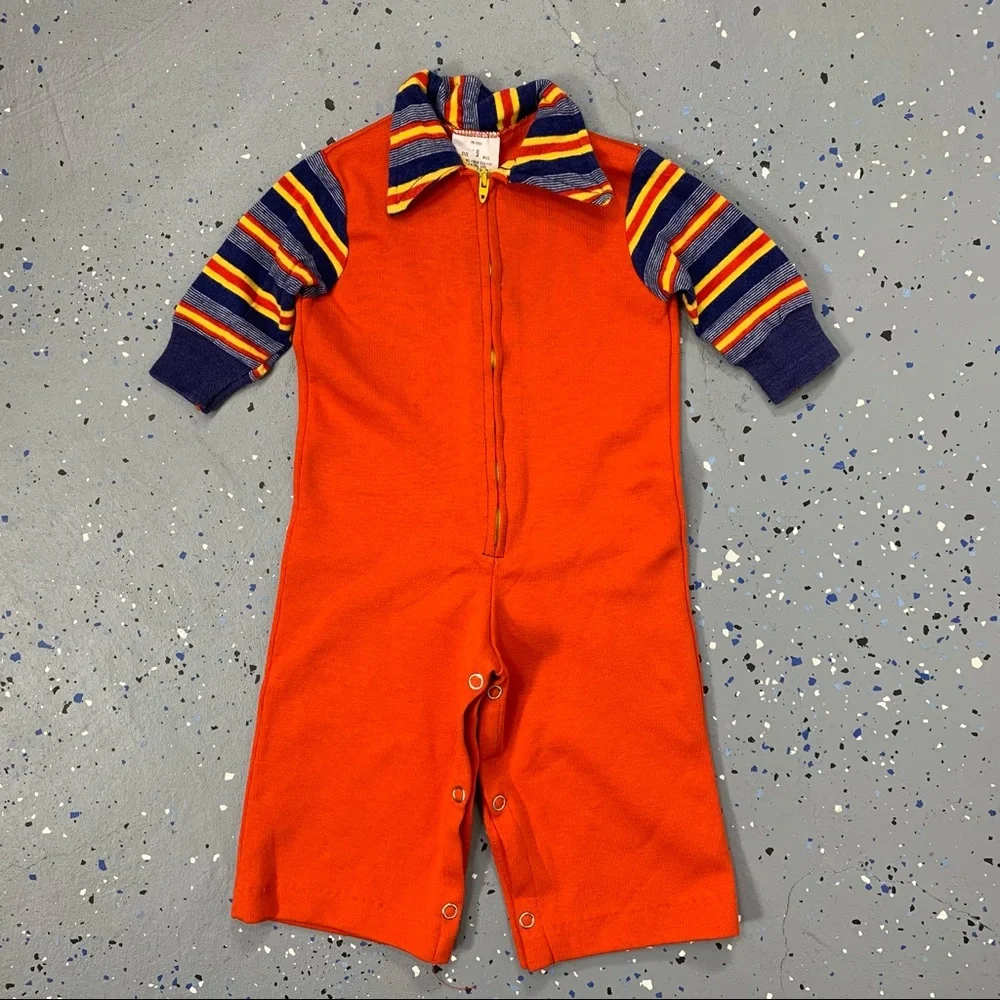Vintage 60s Red Blue Yellow Stripe Zip Up Boiler Suit Coveralls Jumpsuit 6-9 MOS